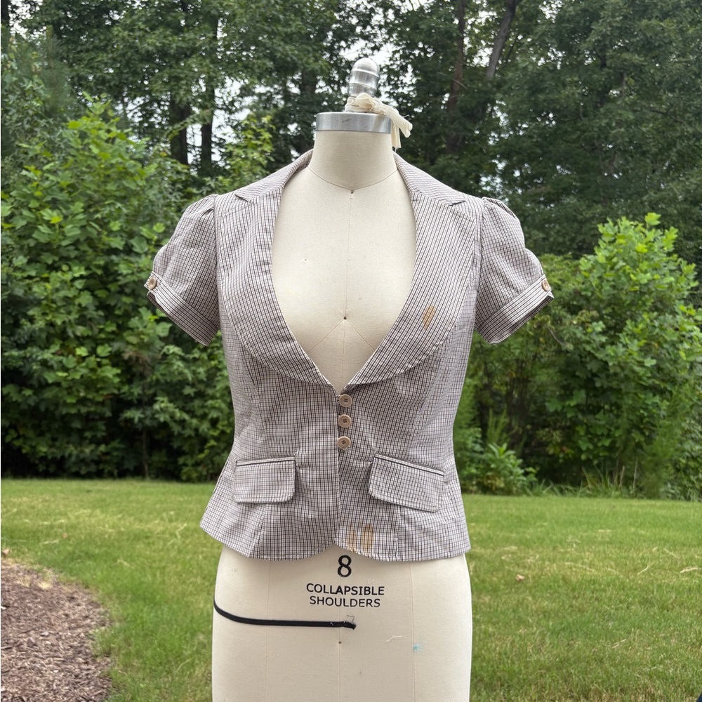 Guess Women's Gray Plaid Short Sleeve Blazer